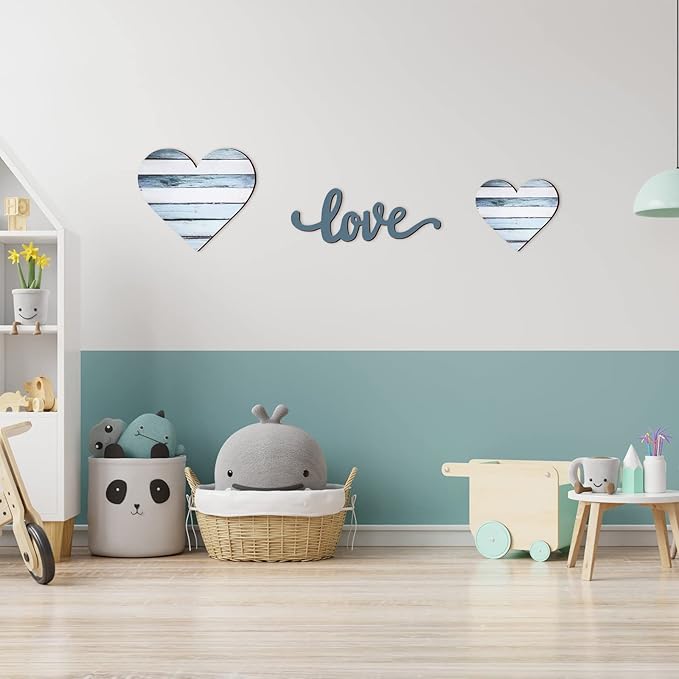 3 Pcs Wooden Hearts Decor Heart Wooden Sign Rustic Hanging Love Plaque for Wall Home Farmhouse Living Room Bedroom Gifts(Blue)