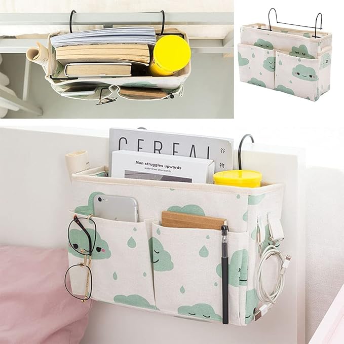 Bedside Caddy Hanging Organizer,Canvas Bag Pockets Basket Multifunction Bedside Organizer for Bunk College Dorm Bed Rails with Magazine Books Phone Cable Tablet Water Bottle,Blue Clouds