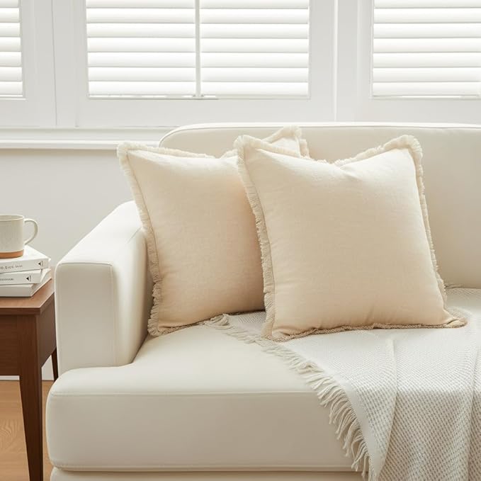 Sunday Praise Set of 2 Linen Fringe Decorative Pillow Covers 18x18 Inch Farmhouse Accent Boho Throw Pillow Cases with Tassels Cozy Soft Square Cushion Covers for Couch Sofa Bed Home Decor,Beige
