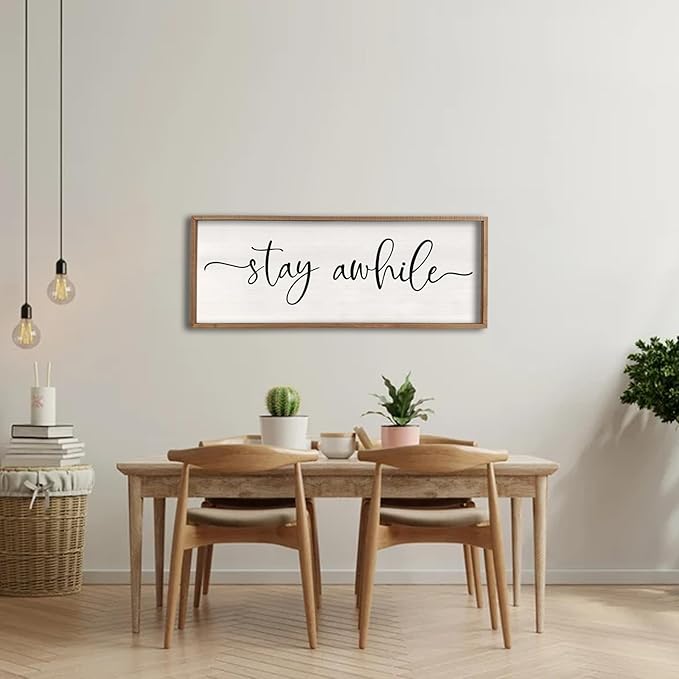 Stay Awhile Living Room Wall Decor 40"X15" for Entryway Minimalist Sign Farmhouse Hallway Rustic Wood Frame Large Vintage Prints Horizontal Home Wall Hanging Art (Wood)