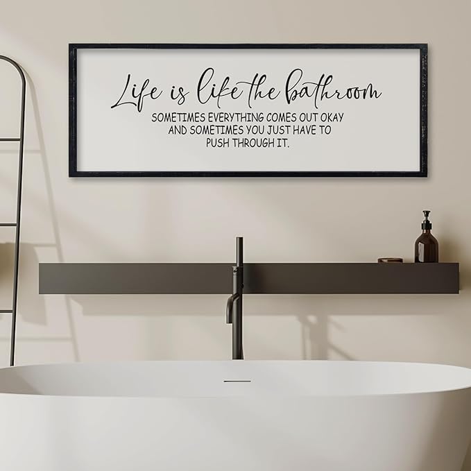 comurdyo Funny Motivational Life Is Like The Bathroom Humorous Wall Decor Art 32"×12" for Farmhouse Bathroom Restroom Toilet Shelves Sign Large Modern Rustic Wooden Framed Wall Hanging (Black)
