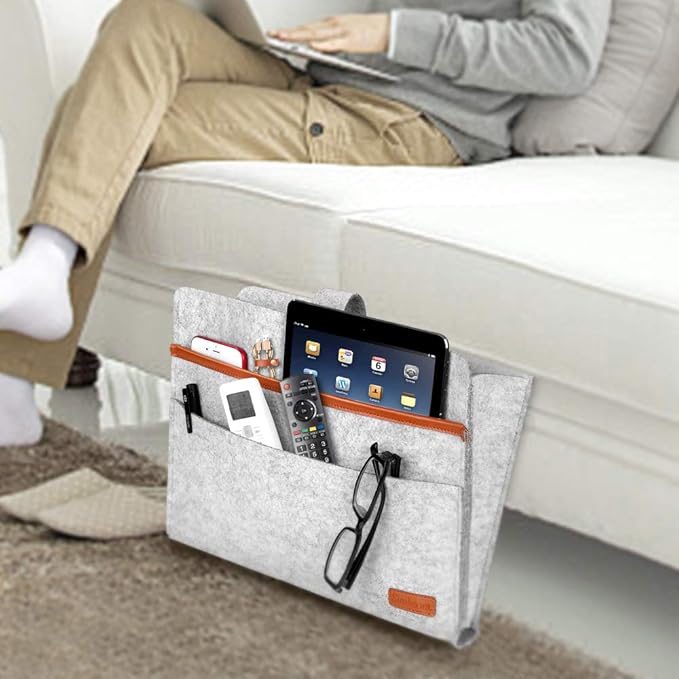 Bed Organiser, Felt Bed Bag, Non-Slip Bedside Bag, Sofa Bed Hanging Storage for Book, Magazines, iPad, Mobile Phone, Remote Control, Light Grey