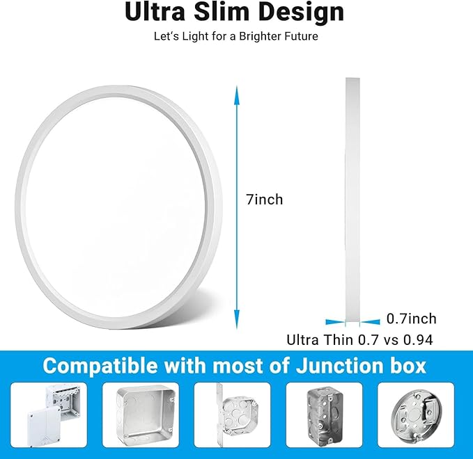 2 Pack LED Flush Mount Ceiling Light,7Inch 15W,3000K/3500K/4000K/5000K/6500K 5 Color Temperatures Ceiling Light Fixture for Kitchen Porch Hallway Bedroom Bathroom and Closet,White