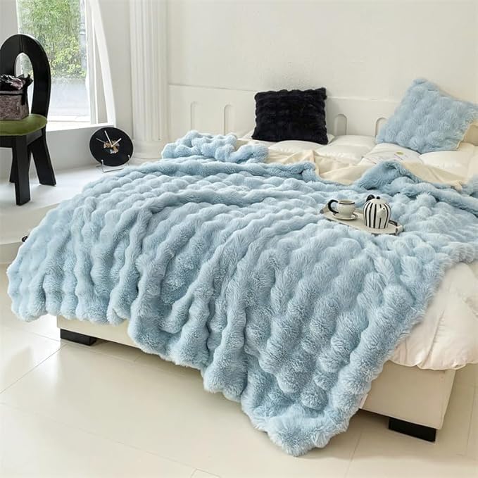 H&D Faux Fur Throw Blanket for Couch,Fluffy Cozy Soft Plush Luxury Thick Fuzzy Fleece Blanket for Couch Bed Sofa Bedroom Living Room,Comfy Bubble Blanket(Light Blue, Queen (80"x90"))