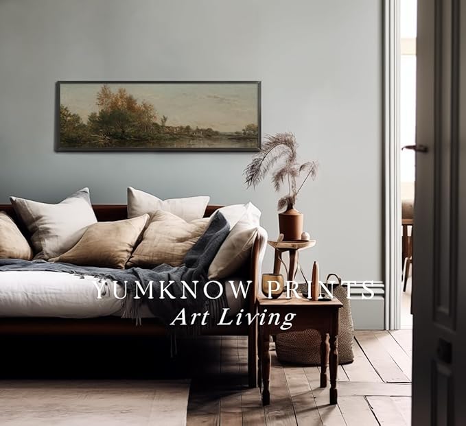 Rolled Canvas Vintage Farmhouse Bedroom Wall Decor Above Bed - Horizontal Wall Art Entryway - 16x48" - Panoramic Landscape Picture Sign - Canvas Lake Autumn Fall Forest River Landscape Print Poster