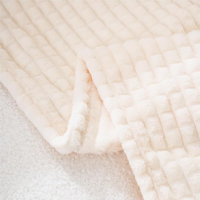 Puncuntex Flannel Fleece Throw Blanket Cream White 108"×90",Super Soft Plush Cozy Blanket with Square Grid Design Luxury for Couch Sofa Chair