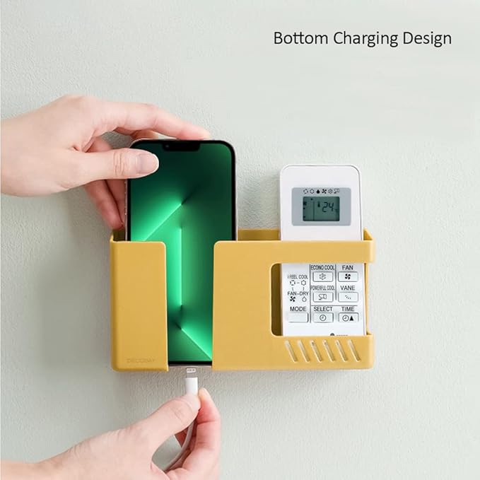 D3 Wall Mount Phone Holder, Punch-Free Wall-Mounted Mobile Phones Charging to Stand, Sticky Remote Control Storage Box Bedside Lazy Mobile Phone Rack, Multipurpose Storage Box (Yellow)