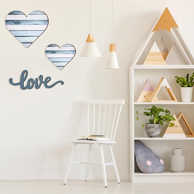 3 Pcs Wooden Hearts Decor Heart Wooden Sign Rustic Hanging Love Plaque for Wall Home Farmhouse Living Room Bedroom Gifts(Blue)