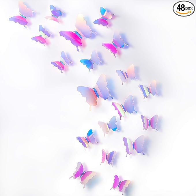 BBTO 48 Pieces Butterfly Wall Decor DIY 3D Mirror Butterfly Stickers Removable Decals Crafts for Birthday Party Bedroom School Bathroom Living Room Decor(Transparency Colorful Pink)
