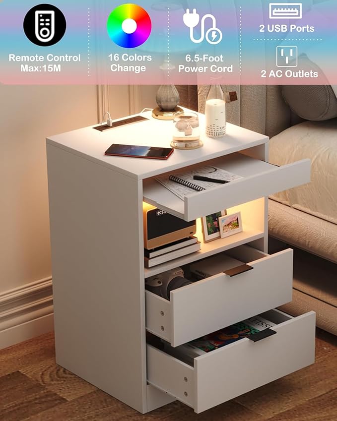 Yusong Night Stand, Bedside Table, LED Nightstand with Charging Station, Modern Night Stand, Wood Sofa Couch End Side Table with 2 Pull-Out Shelf, White