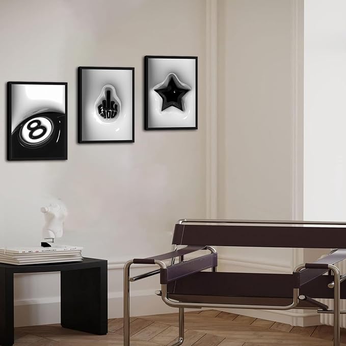 Modern Trendy Wall Art Set of 3, Black and White Lucky 8 Star Wall Decor Paintings Cool Preppy Finger Poster Canvas Prints for Dorm Bedroom Living Room 12x16 inch Framed