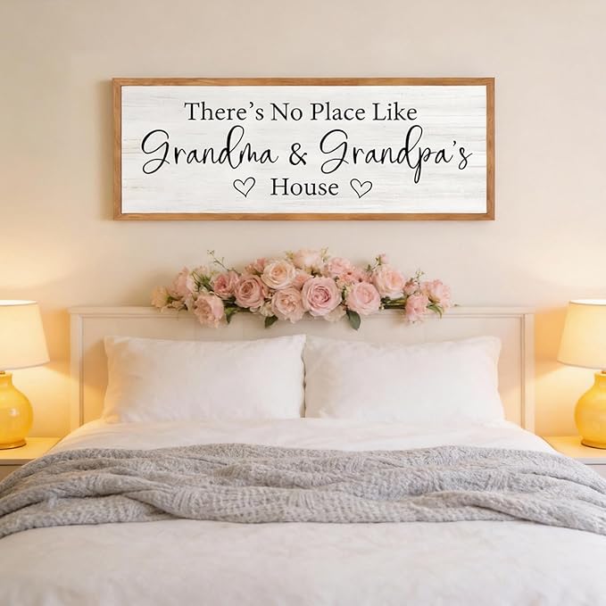 There’s No Place Like Grandma and Grandpa’s House Wall Decor: 32x12 Inch Framed Wooden Family Quote Sign, Rustic Farmhouse Wall Art for Grandparents’ Home, Living Room or Entryway, Natural