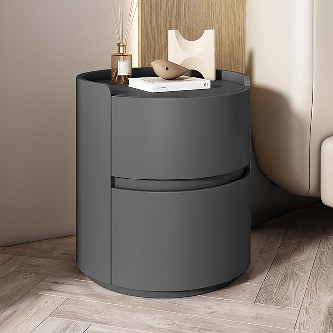 Round Nightstand, Bedside Table with 2 Solid Wood Storage Drawers, Modern Minimalist Bedroom/Living Room Side Table, Leather Top, No Assembly Required, 17.7*17.7*19.7in, Dark Gray