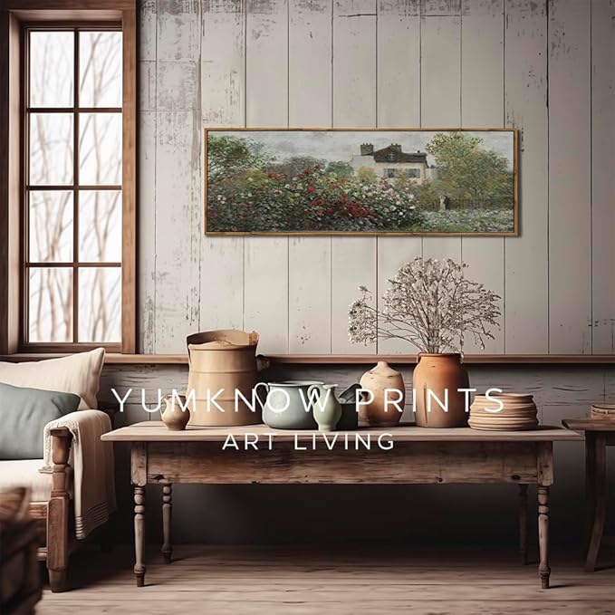 Framed Canvas Wall Art for Bedroom - Long Horizontal 13.5x40" Above the Bed - Vintage Farmhouse French Country Room Decor - Rustic Garden Botanical Flower Floral Oil Painting - Cottagecore Aesthetic