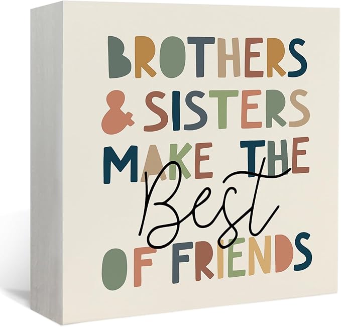 Lacama Kids Room Wooden Box Sign, Brothers and Sisters Make the Best of Friends Decorations Wood Block Signs, Boho Nursery Wood Sign for Kids Room Bedroom Playroom Desk Shelf Wall Decor 5x5 Inches