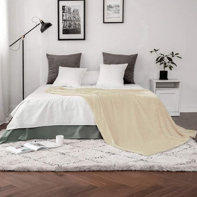 MIULEE Beige Throw Blanket 3D Ribbed Jacquard Fleece Flannel Velvet Plush Decorative Bed Blanket (Throw, 50" x 70") - Super Soft, Lightweight, Warm and Cozy for Couch Sofa