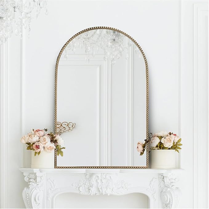 Arched Wall Mirror 24" x 36",Antique Gold Metal Beaded Frame, Decorative Accent Mirror for Bathroom, Living Room, Entryway & Bedroom