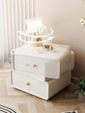 360° Rotating Nightstand – Handcrafted Solid Wood & Leather Bedside Table with Dual Storage Drawers for Modern Home Decor (White)