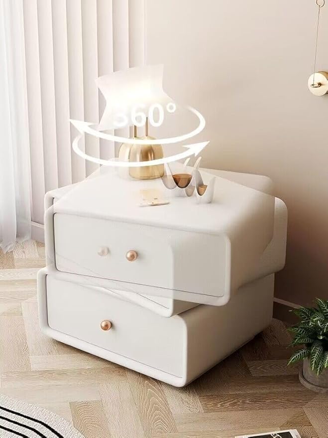 360° Rotating Nightstand – Handcrafted Solid Wood & Leather Bedside Table with Dual Storage Drawers for Modern Home Decor (White)