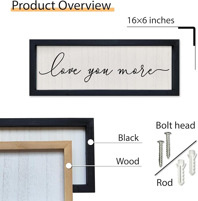 SRSZHIYUE I Love You More Sign16 X6 Vintage Love Quotes Theme Couples Wall Decor Framed Wood Above Over Bed for Master Bedroom Minimalist Wedding Gift Wall Art Hanging (Black)