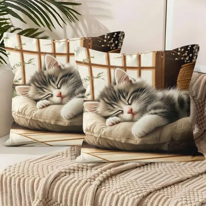 Decorative Throw Pillow Covers with Sleeping Cat Design, 18x18 Pillows Linen Pillowcase Square Cushion Cases, Set of 2