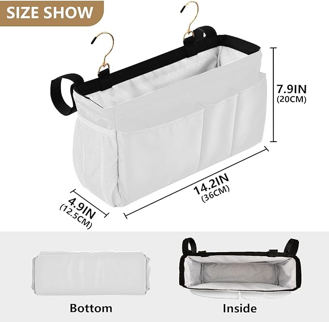 DOMIKING White Bedside Caddy for Dorm Bed Recliner Armrest Organizer with Hooks Haning Holders for Bunk Bed Rails Headboards
