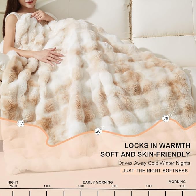 Soft Faux Rabbit Fur Throw Blanket Luxury Super Comfy Double Sided Ultra Cozy Thick Warm Fluffy Blanket for Couch Chair Sofa Bed Living Room Camping, Plush Fuzzy Bubble Blanket, 970 GSM, 50''x60''