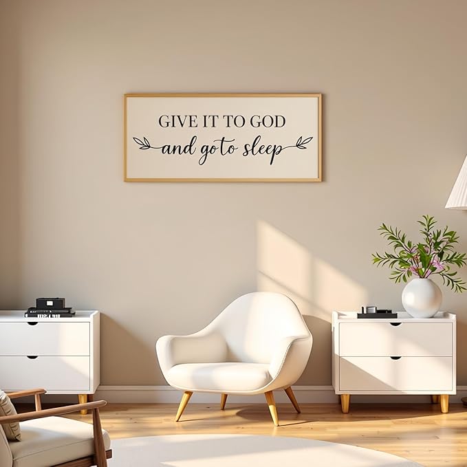 Give It to God and Go to Sleep Banner – 40x20in Linen Wall Hanging Sign for Bedroom, Living Room, or Prayer Space – Rustic Beige Christian Wall Decor, Farmhouse Above Bed Art, Inspirational Scripture Quote Sign
