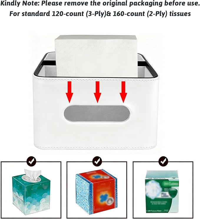 PU Leather Tissue Box Cover Square - Multifunctional Tissue Box Holder with Storage, Tissue and Remote Control Holder Organizer with Compartments for Bedroom Nightstand, Desk, Living Room (White)