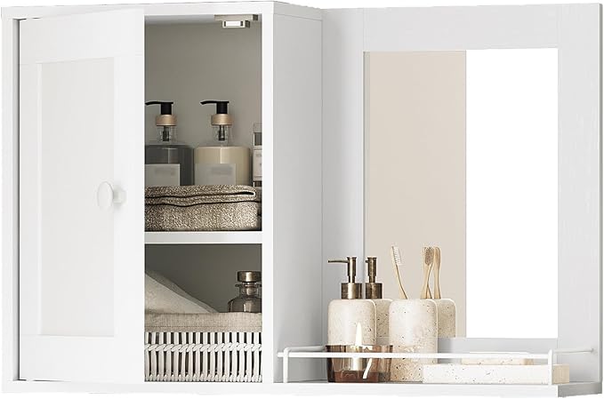 Medicine Wall Cabinet with Mirror, Bathroom Mirror with Storage, Medicine Cabinet Mirror, Wall Mounted Home Storage, Adjustable Shelf, for Laundry Room, Bedroom, Camper, Hallway, White