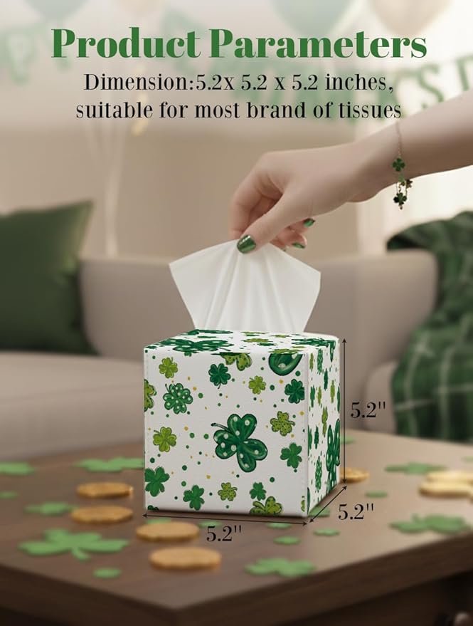 St.Patrick's Day Napkin Tissue Box Cover, Watercolor Shamrock Waterproof Leather Paper Organizer Dispenser for Table Dining, Bathroom, Nightstand Vanity, Car, Housewarming Gift Ideas, E