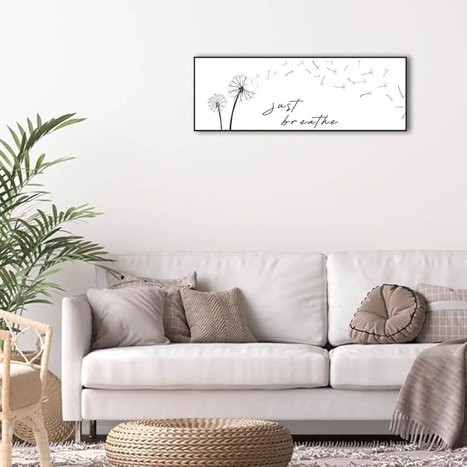 Just Breathe Wall Art - Black and White Pictures for Wall Decor Canvas Art Dandelion Minimalist Wall Art for Bedroom Decor for Women Aesthetic Inhale Exhale Wall Art (Black Wooden Frame) 43x15inch
