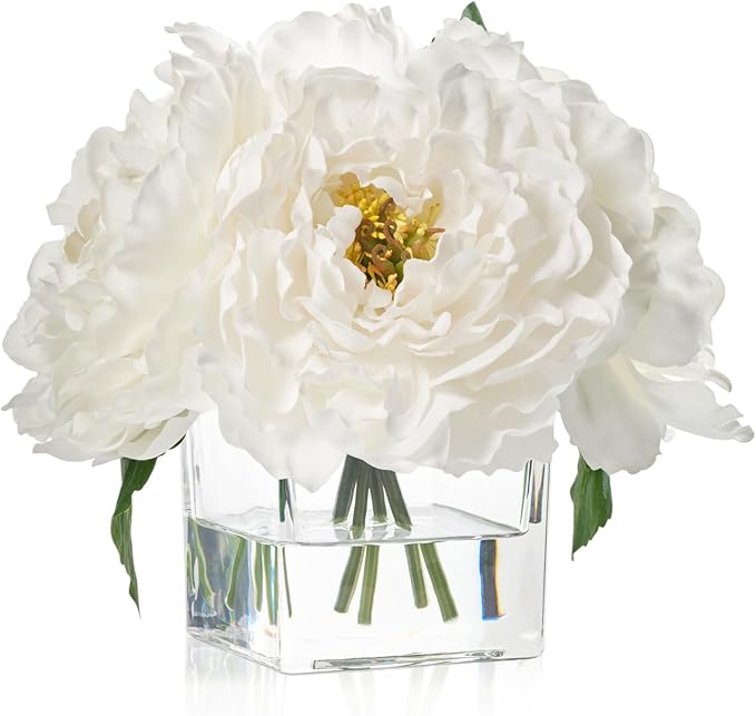 Artificial Peonies Flowers Arrangement in Cube Glass Vase, WELLKNOWN Ivory White Silk Flowers Centerpiece for Home Party Wedding Dining Coffee Table Decor, Faux Peony Flower Bouquet with Fake Water