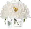 Artificial Peonies Flowers Arrangement in Cube Glass Vase, WELLKNOWN Ivory White Silk Flowers Centerpiece for Home Party Wedding Dining Coffee Table Decor, Faux Peony Flower Bouquet with Fake Water