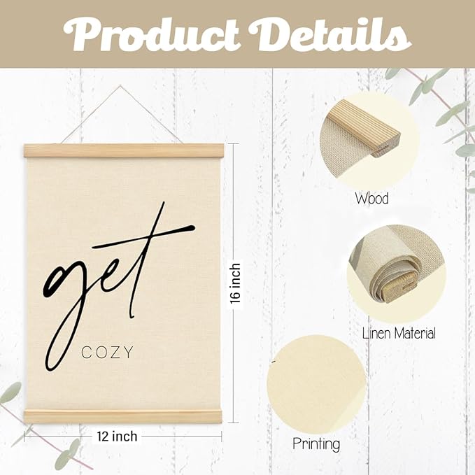 PLKMN Cozy Room Wall Art Decor Set of 2, Stay Awhile Signs for Home Decor, Above Bed Wall Decor, Cozy Bedroom Decor, Cozy Room Posters Framed with Wood Hanger, 12x16 Inch