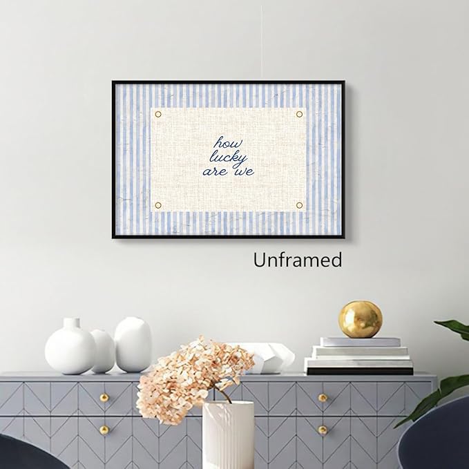 Jiaoweibao How Lucky Are We Canvas Wall Art, Navy Blue Stripes Positive Quote Poster, Daily Affirmations Wall Decor for Bedroom Dorm, Modern Inspiring Typography Print for Office 24x36in Unframed