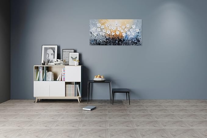SYGALLERIER White Flower Canvas Wall Art - Hand Painted 3D Oil Paintings - Black Blue Pictures for Living Room Farmhouse Dinning Room Decor