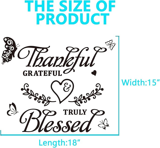 Family Wall Stickers for Living Room: Inspirational Home Quotes Vinyl Art Wall Decals for Kitchen Dining Room Bedroom Bathroom Apartment - Thankful Grateful Blessed 18" X 15"
