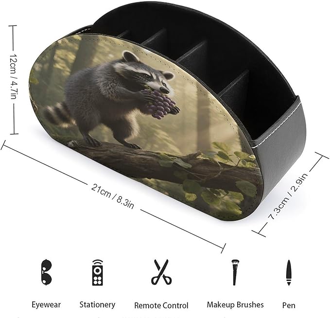 Raccoon Remote Control Holder Organizer Box with 5 Compartment PU Leather Bedside Storage Caddy Remote Organizer for Controller Media Player Pen/Pencil Storage