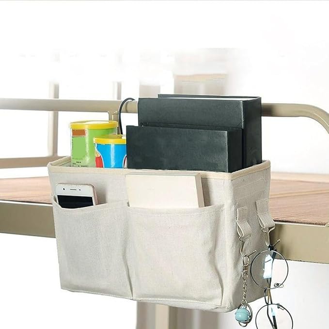 Bedside Hanging Bag,Bedside Organiser,Bedside Pocket, Bedside Hanging Storage Bag Caddy Pocket Nightstand Organizer Basket White for Bunk Bed Dorm Rooms