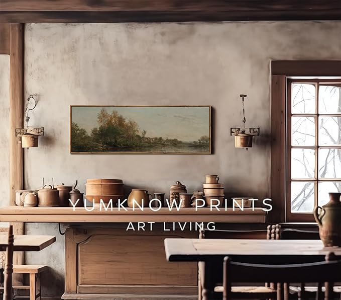 Framed Canvas Wall Art for Bedroom - Long Horizontal 13.5x40" Above the Bed - Vintage Farmhouse French Country - Lake Autumn Fall Forest River Landscape - Cottagecore Aesthetic Master Guest Room Decor