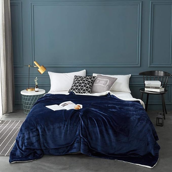 LBRO2M Sherpa Fleece Bed Blanket Queen Size Super Soft Fuzzy Plush Warm Cozy Fluffy Microfiber Couch Throw Velvet Double Reversible Luxurious Blankets,Navy Blue