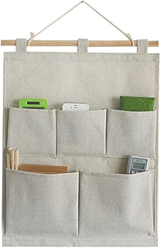 Co-link Linen/Cotton Fabric 5 Pockets Wall Door Closet Hanging Storage Bag Organizer,13.8" Wx 17.7" H (5 Pockets-Beige White)