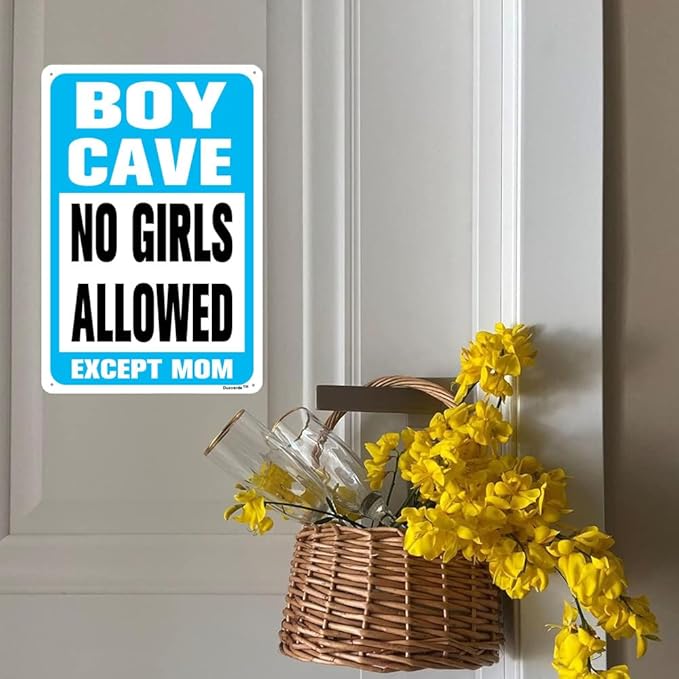 12"x16" Aluminum Sign, Boy Cave Signs No Girls Allowed Except Mom Sign, Blue Metal Sign for Little Man Cave Bedroom Living Room Wall Decor