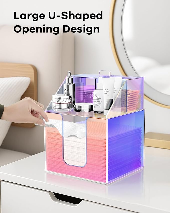 Disposable Facial Towels Storage Box Compatible with Clean Skin Club Clean Towel XL - Cotton Pads - Swabs Upgraded Double Layer Acrylic Storage Container Face Towel Holder (Glossy Rainbow)