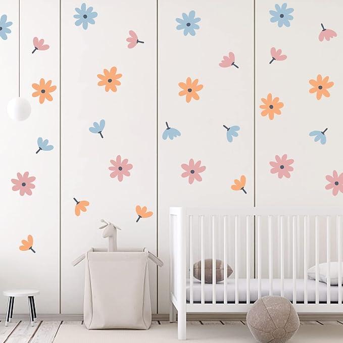 Daisy Wall Decals,Flower and Dots Retro Decor for Bedroom, Nursery, Kids’ Room(2)