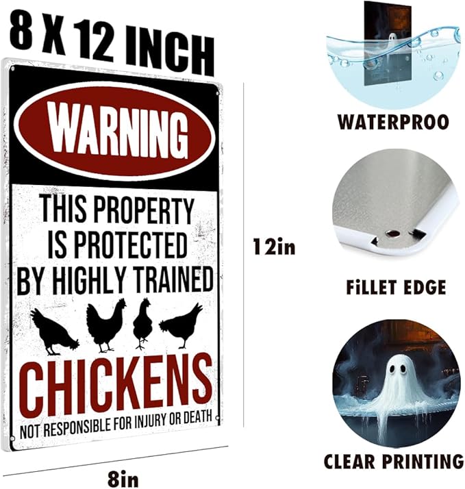 Funny Chicken Coop Sign - "Warning: Property Protected by Chickens" Decorative Metal Tin Sign for Farm Garden 8 x 12 Inch