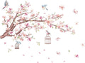Cherry Blossom Flowers Wall Decals Decor Vinyl Stickers, Magnolia Floral Tree Branch Birds Wall Art Murals, Flower Pattern Wall Stickers for Girls Bedroom Living Room Nursery Decor