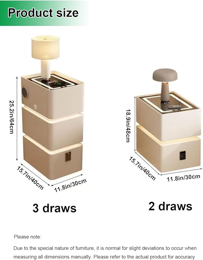 Smart Narrow Nightstand with 3 Drawers 11.8" W x 15.7" D x 25.2" H, Charging Nightstand, Modern Leather Bedside Table, Password Lock, LED Sensor Light, USB Port (3 Drawers, Black)