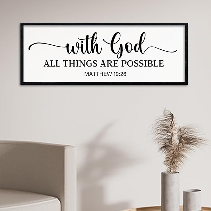 comurdyo With God All Things are Possible Wall Decor 40"X15" Matthew 19:26 Sign Bible Verse Large Wooden Framed Christian Scripture Prayer Wall Hanging Art (Black)